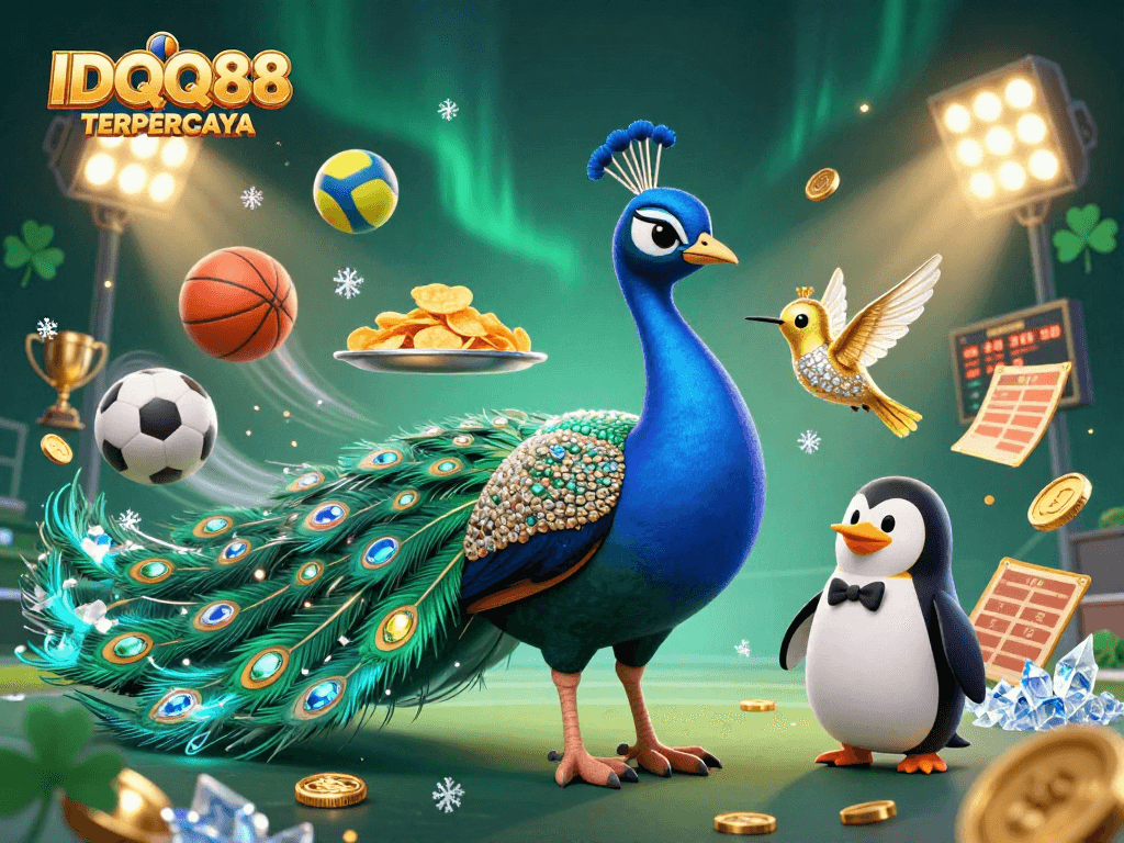 Experience the excitement of IDQQ88 TERPERCAYA with dynamic sports elements and vibrant casino characters.