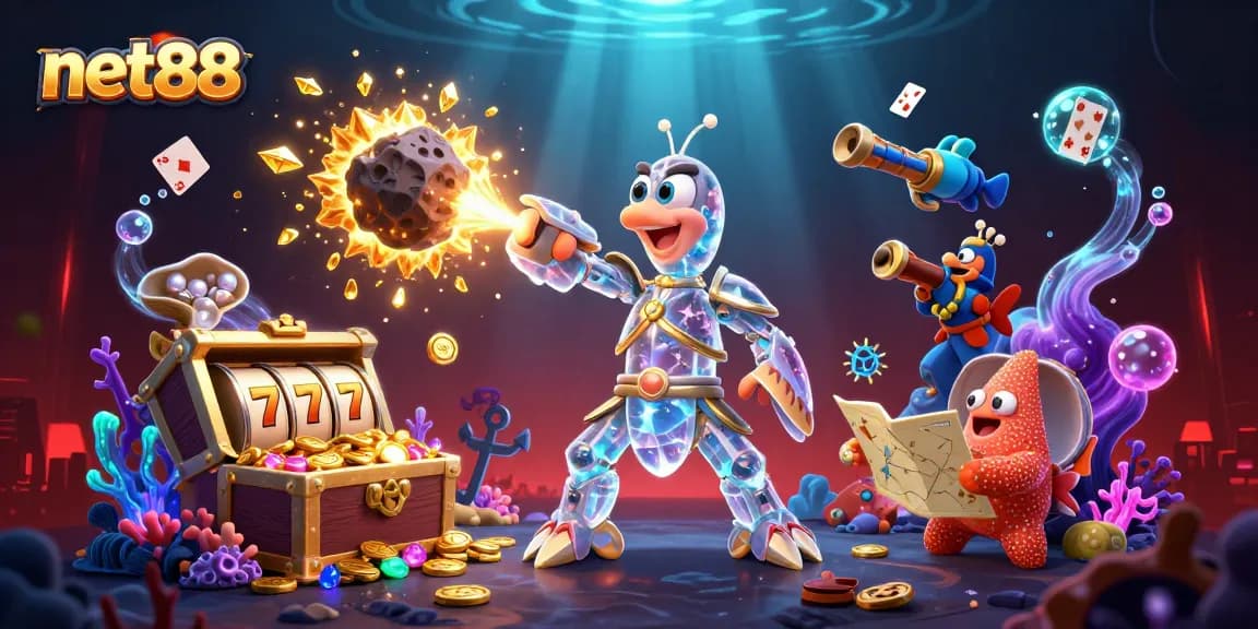 Engage with the net88 experience: a samurai mantis shrimp and treasure bursting with gems!