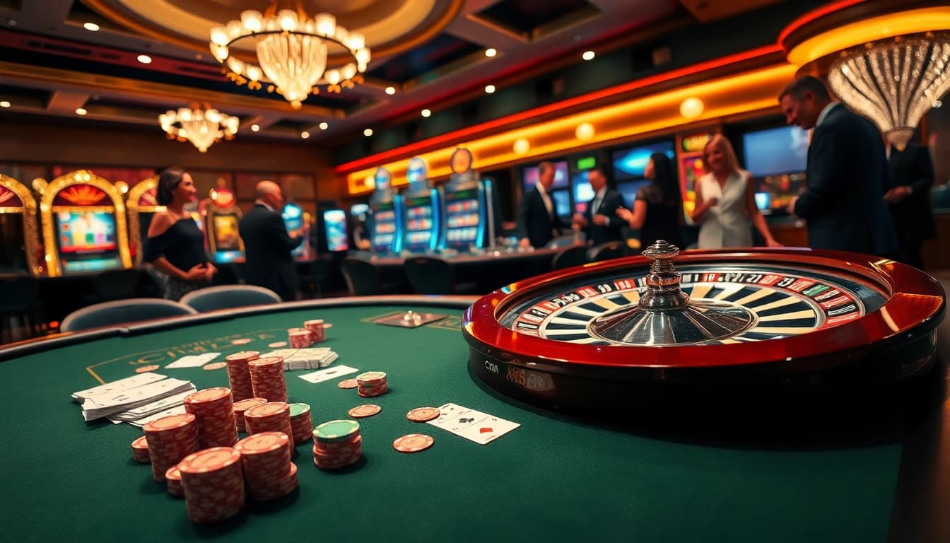 Experience the excitement of a CM88-themed casino scene with vibrant poker tables and dazzling slot machines.