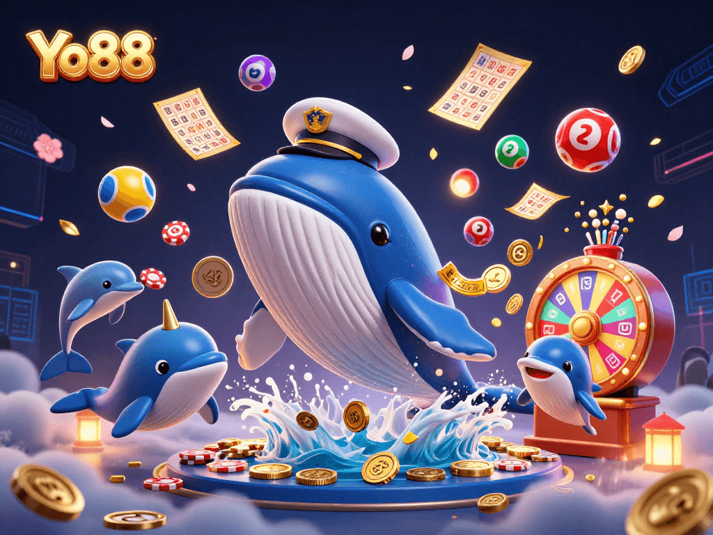 Win big with Yo88 in this vibrant, exciting casino illustration featuring iconic gaming elements.