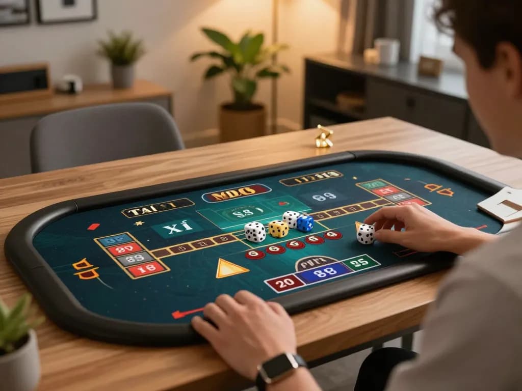 Tài xỉu MD5 gameplay on a tablet in a cozy home setup, emphasizing strategic online gambling.