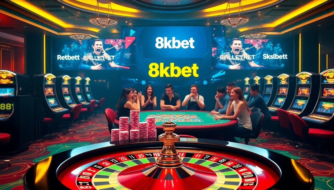 Experience the excitement of gambling at 8kbet's vibrant casino with poker chips and a roulette wheel.