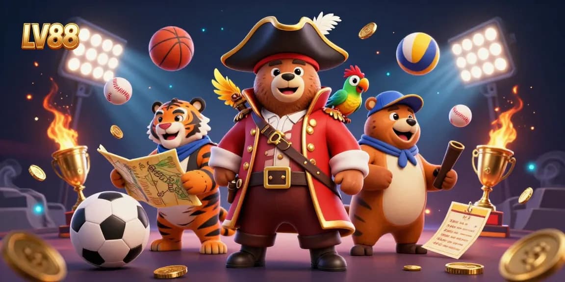 Engage with the thrilling world of LV88 as a 3D pirate bear and tiger navigate sports betting on a vibrant background.
