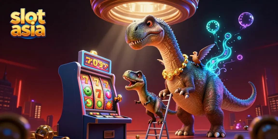 Engage in winning spins at slot asia with a vibrant 3D rendition of a playful dinosaur scene.