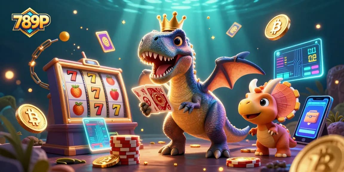 Experience thrilling slots with 789P as a friendly T-Rex shuffles cards and wins giant chips!