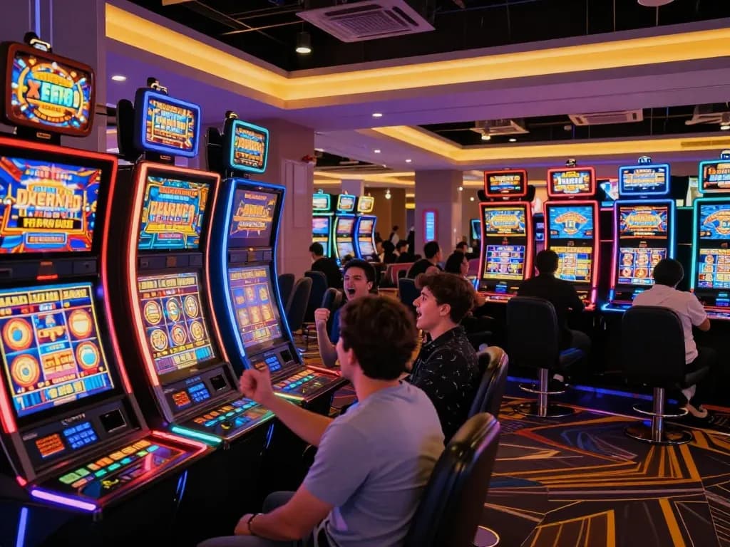 Players enjoying thrilling moments at XX88 casino, celebrating wins at vibrant slot machines