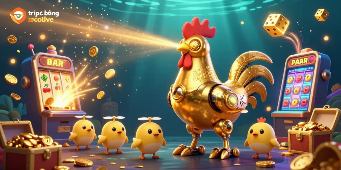 Experience trực tiếp bóng đá socolive with a vibrant scene featuring a golden rooster robot and chick drones.