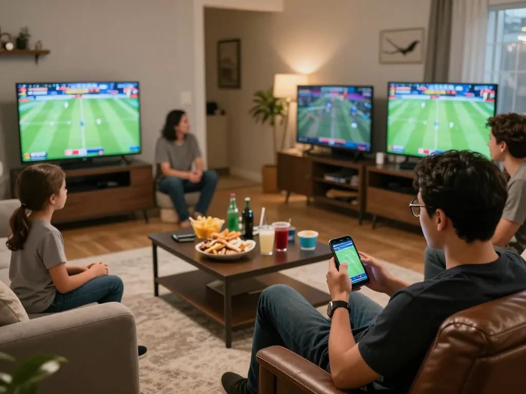 Xoilac sports betting experience with friends interacting and placing live bets in a cozy home setting