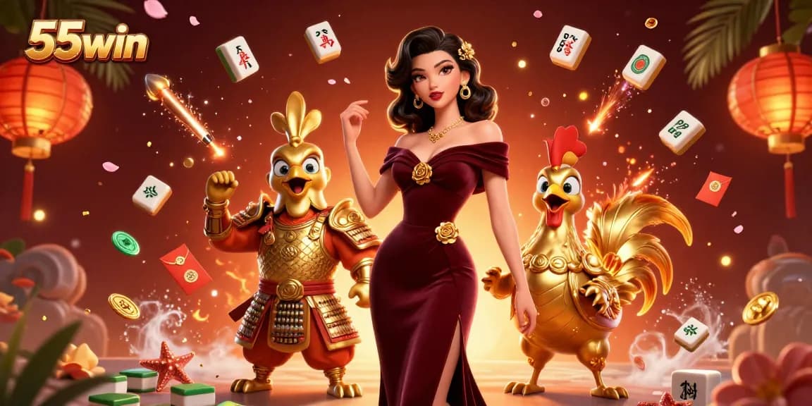 Engage with 55win's thrilling casino adventure featuring dynamic characters and festive elements.