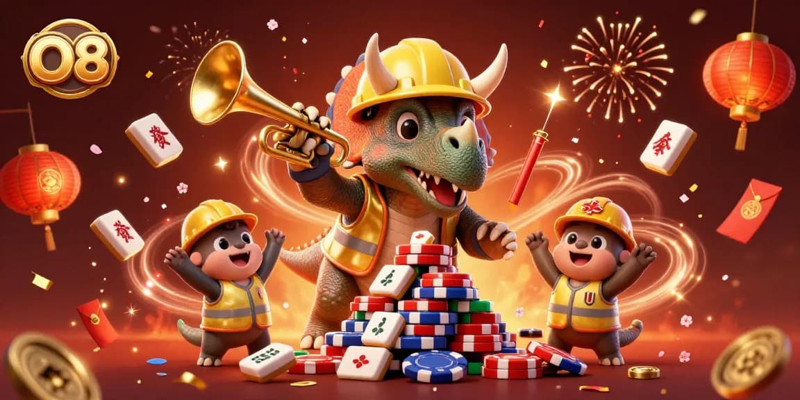 O8 engages users with a vibrant casino-themed celebration illustration, showcasing dynamic gaming elements.