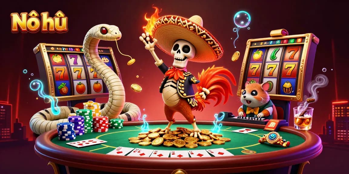 Nổ hũ slot illustration featuring a victorious mariachi rooster among golden coins, showcasing dynamic casino elements.