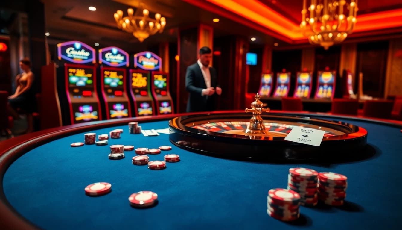 Experience top-tier gambling at TRANG CHỦ LUCK8, showcasing a vibrant casino atmosphere with roulette and poker.