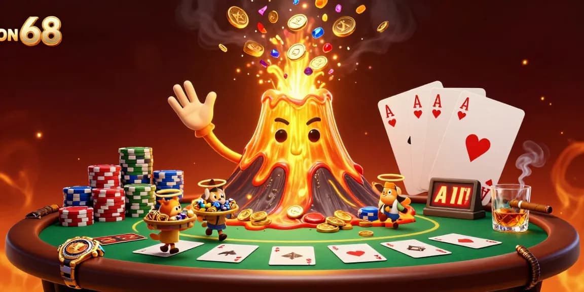 Bet on ON 68's thrilling golden volcano erupting treasure amid poker excitement and luck!