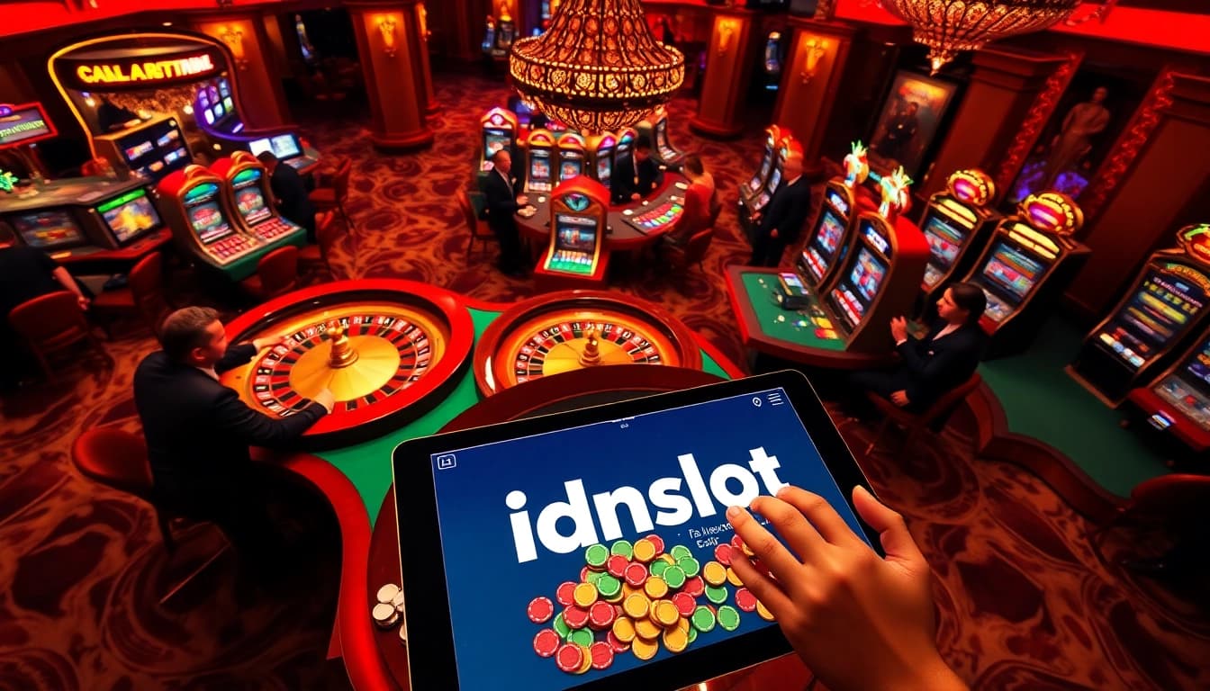 Players enjoying their time at an exciting idnslot gaming table, surrounded by vibrant casino atmosphere.