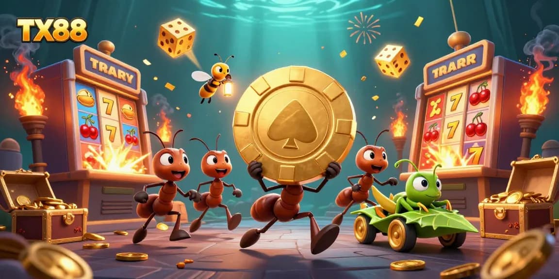 Ants carry a giant poker chip in a vibrant TX88-themed casino heist illustration.