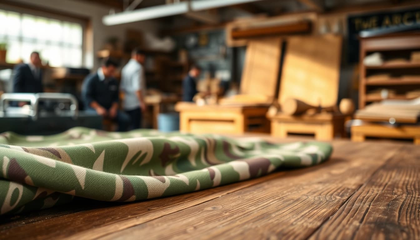 Luxe army print katoen met gedetailleerde textuur weergegeven op een houten tafel.
