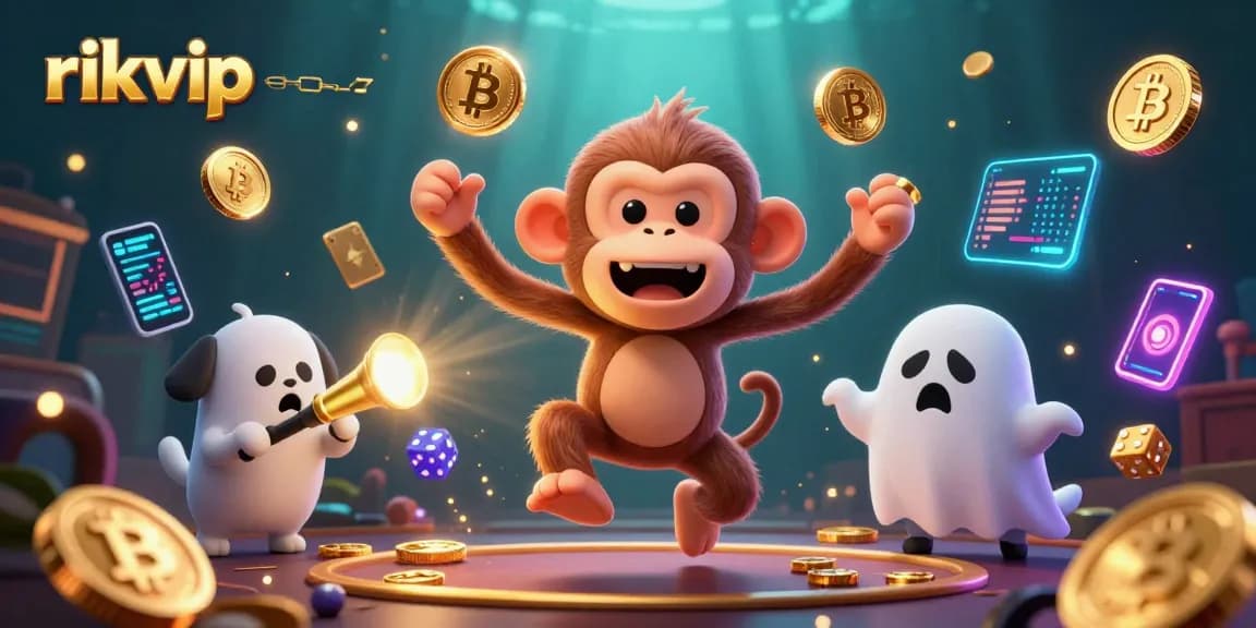 Experience the thrill of rikvip with a poltergeist monkey and ghost-hunter puppy amid a vibrant casino scene.
