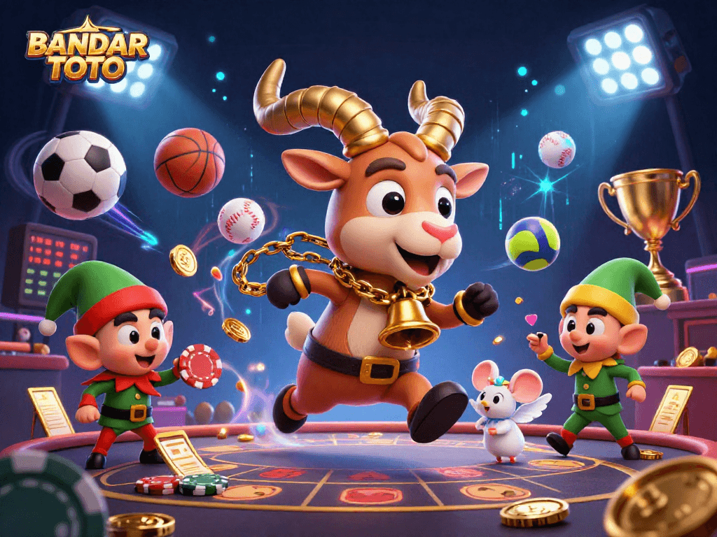 BANDAR TOTO presents a lively casino scene with festive characters, sports elements, and betting excitement.