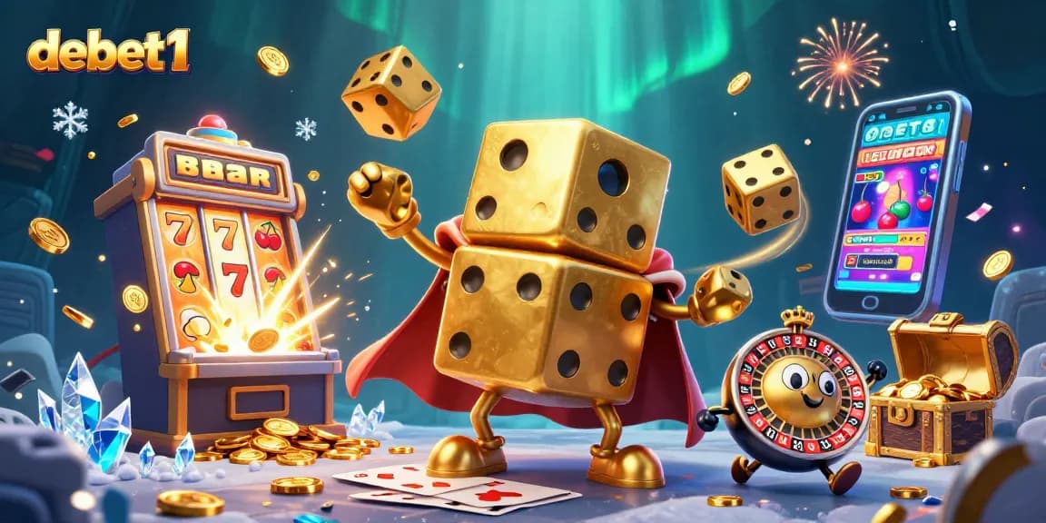 Experience the excitement of debet1 with golden dice and slot machine bursting with coins.
