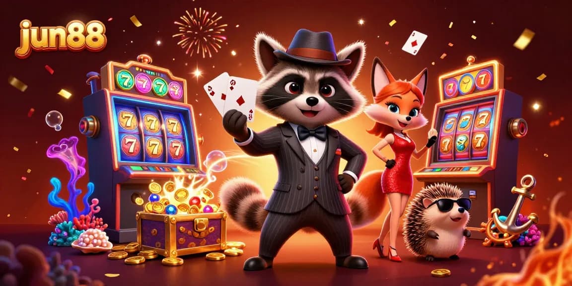 Experience fun at jun88 with charming casino characters enjoying games, gold coins, and vibrant elements.