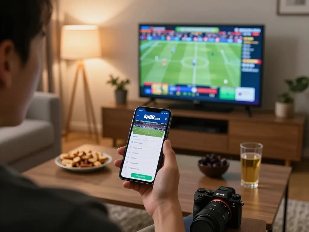 Betting on sports using kp88.com app in cozy living room setting with warm ambient lighting.