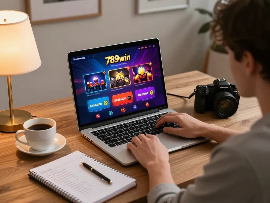 Player engaging with 789win online casino on a cozy home setup with notebook and coffee.