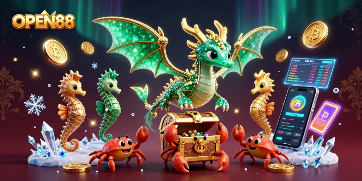 Engage with OPEN88, showcasing a vibrant 3D scene of sea dragons and crypto elements for online gaming.