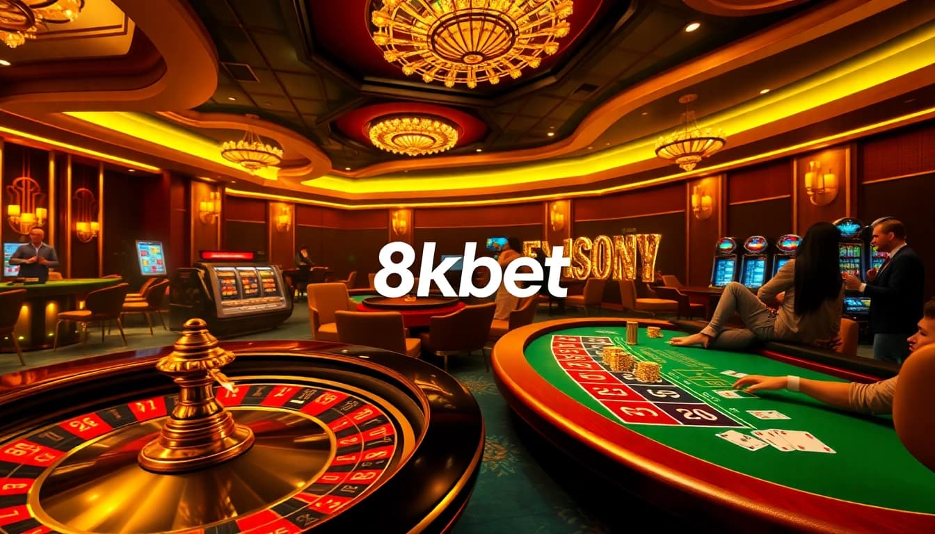 Experience the thrill of 8kbet as players engage in lively casino games with luxurious poker tables and vibrant slot machines.