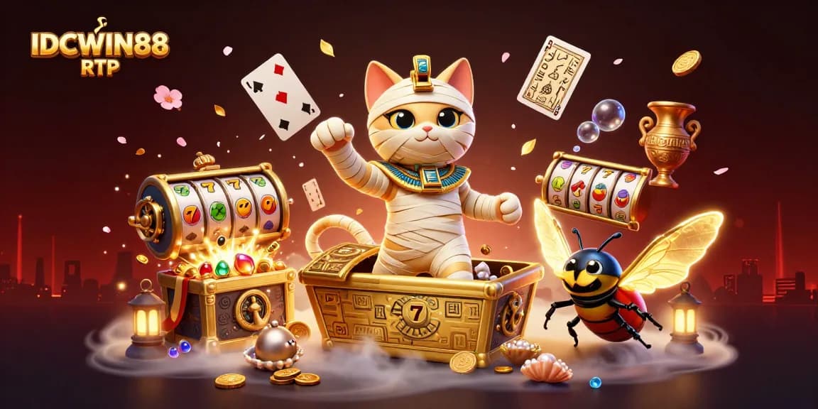 Experience exciting gameplay with IDCWIN88 RTP as the mummy cat and scarab beetle explore a vibrant casino scene.