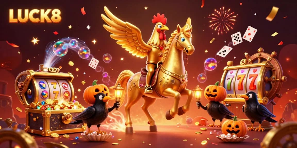 Experience the excitement of LUCK8 with a golden rooster riding in a vibrant casino, surrounded by treasures and dynamic elements.