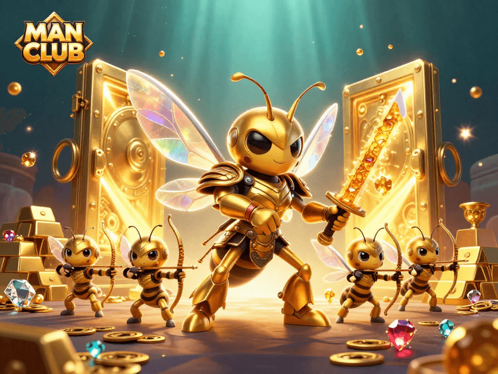 Join the MAN CLUB adventure: an epic 3D illustration of golden hornets in a vibrant casino.