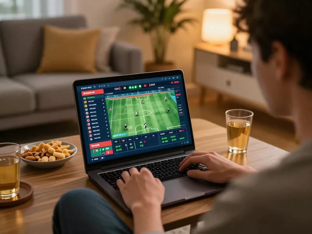 Engaged player utilizing nhà cái tặng tiền for online betting during live sports, showcasing excitement.
