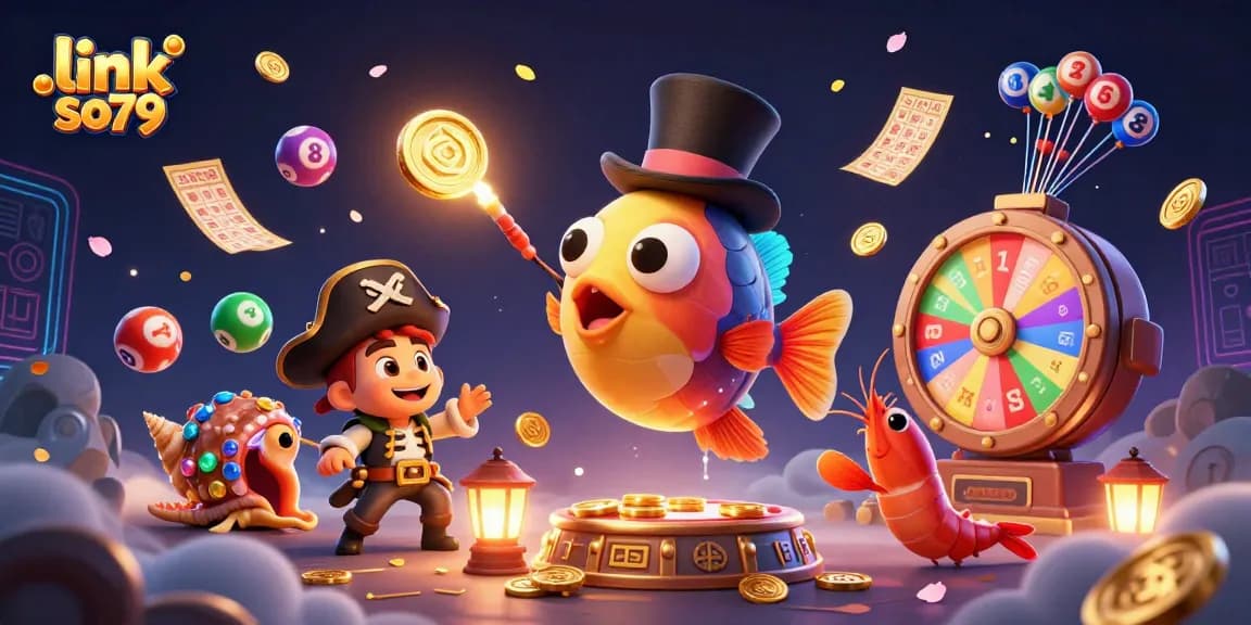 Engage with the link so79 in this vibrant casino-themed illustration showcasing dynamic gambling elements and lively characters.