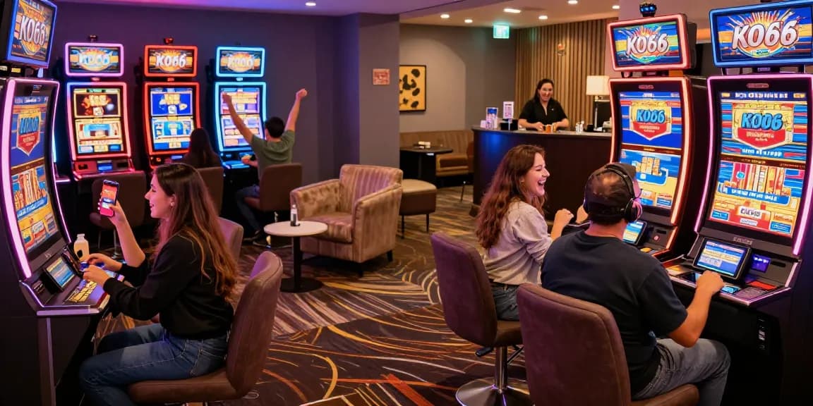 Exciting KO66 gaming lounge scene with players enjoying mobile app on devices amidst vibrant slot machines.
