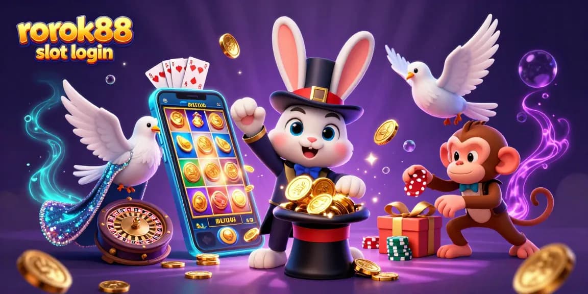 Engage with rokok88 slot login in an ultra-detailed 3D scene, featuring casino elements and magical characters.