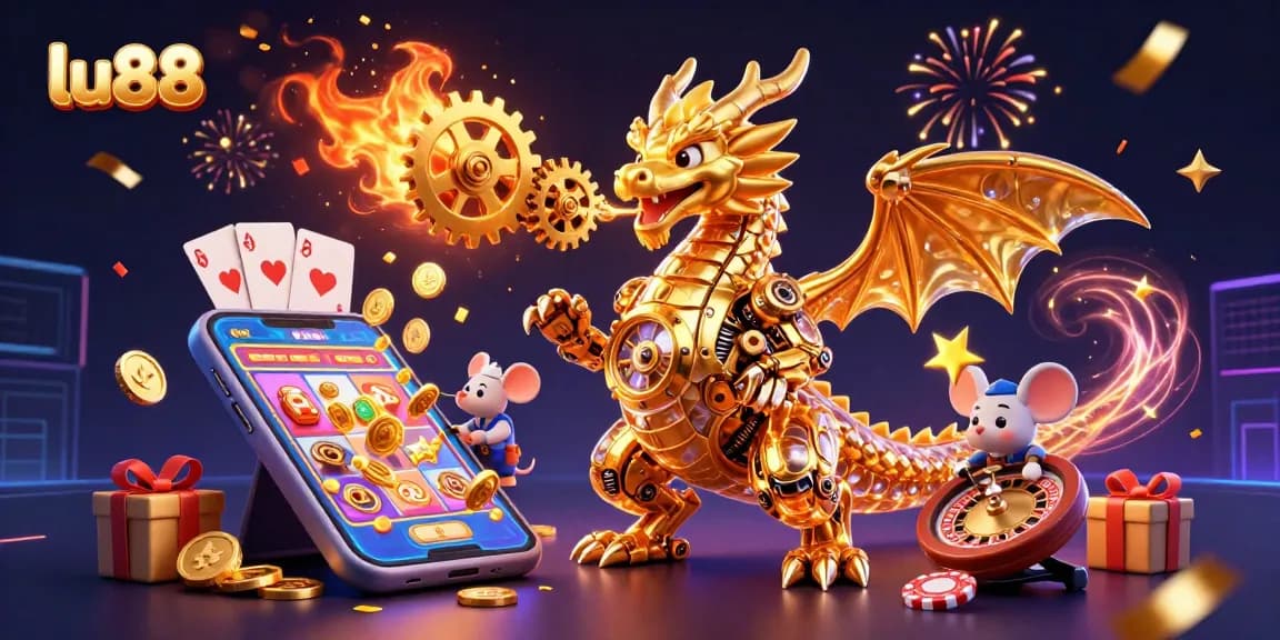 Engage with gaming excitement at lu88, featuring immersive 3D elements like a golden dragon and vibrant slot games.