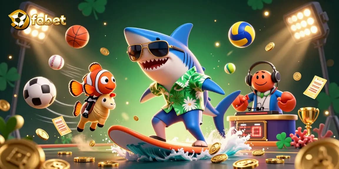 The fabet logo flies over a whimsical, vibrant casino scene with 3D characters and sports elements.