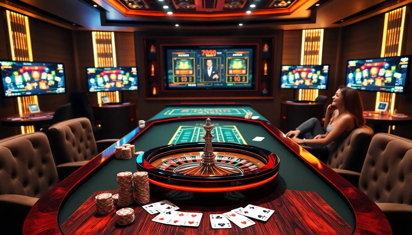 Alo 789 players celebrating with high stacks of poker chips and winning cards at a lively online casino table.