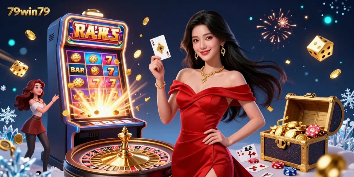 A stunning scene of a confident young woman at a casino with 79win79, showcasing her jackpot winning card amidst a luxurious atmosphere.