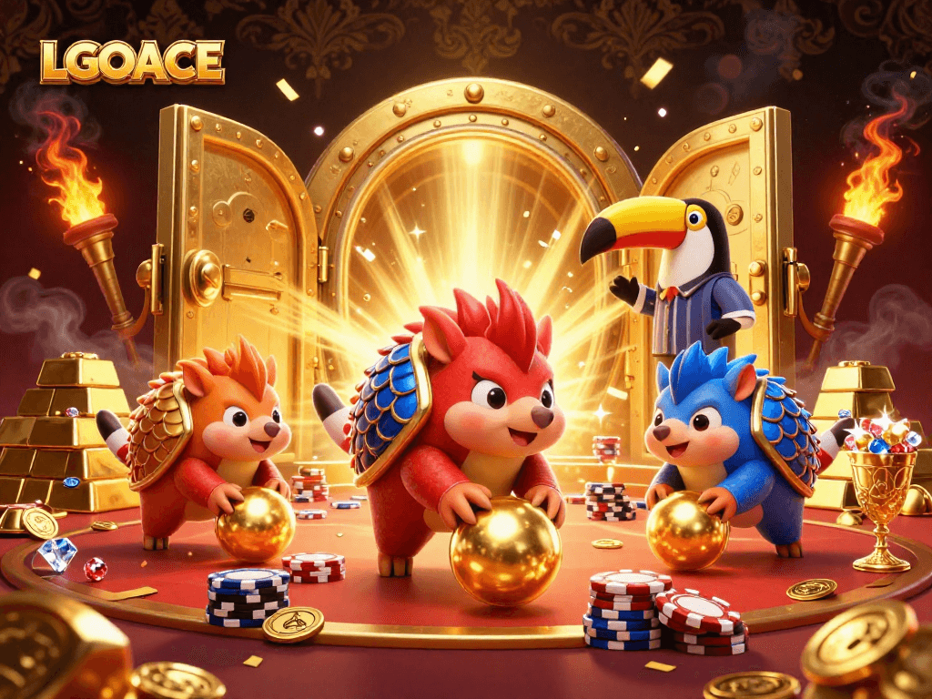 LGOACE showcases a vibrant 3D illustration of rival pangolins bowling through poker chips in a dynamic casino scene.