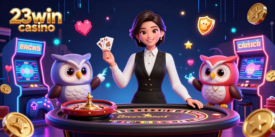 Experience the excitement of 23win casino with vibrant 3D illustration showcasing Baccarat and gaming magic.