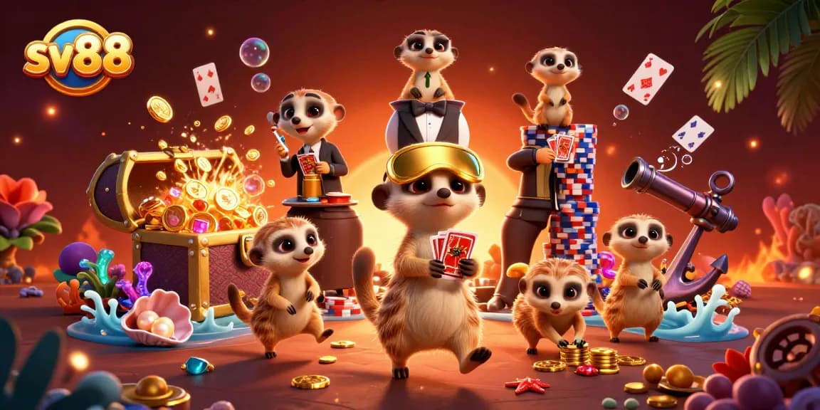 Experience sv88's vibrant casino operation with meerkats amid treasures and dynamic gaming elements.