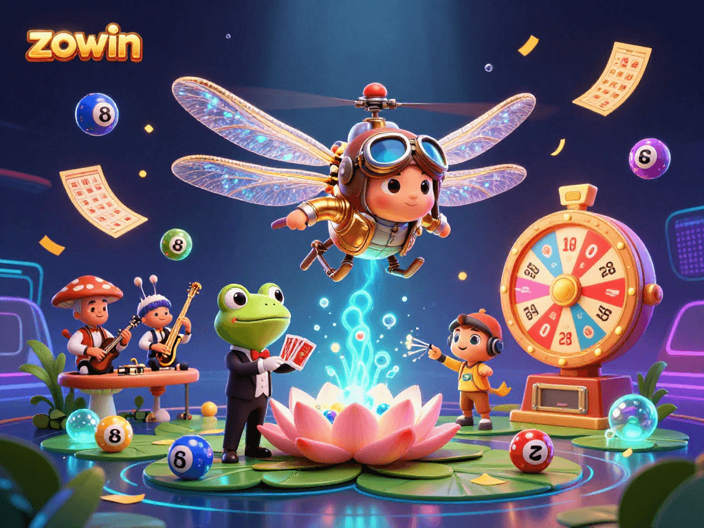 Zowin engages players with an exciting 3D scene featuring a dragonfly pilot and a frog dealer amidst vibrant casino elements.
