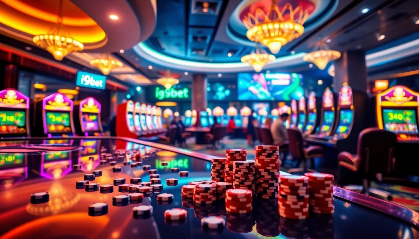 i9bet gaming interface with vibrant casino tables and slot machines in a luxury setting