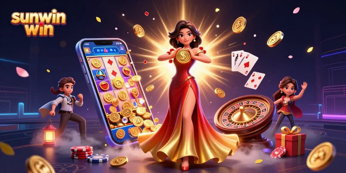 Experience sunwin win with a stunning illustration of a glamorous woman holding a golden coin amidst casino games.
