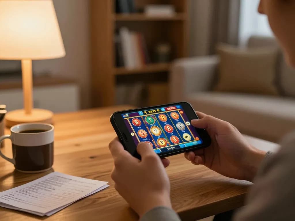 Player immerses in online slots on https://j188.store/, enjoying strategic gameplay in a cozy home setting.