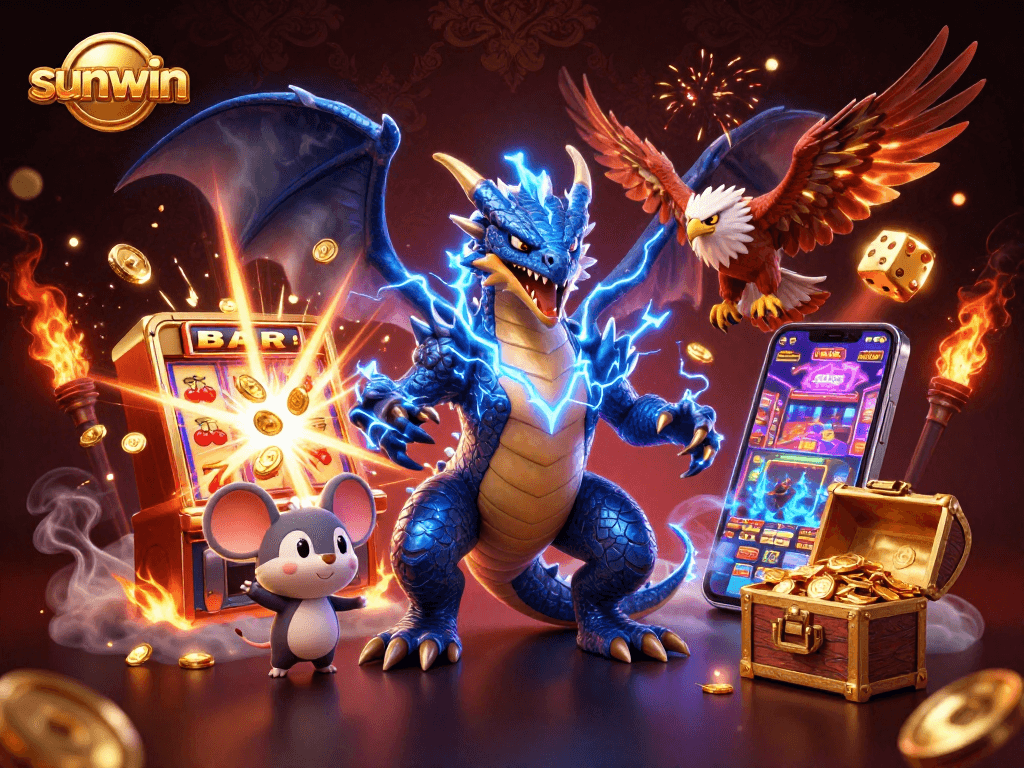 Win big with sunwin as a dragon and friends celebrate at a jackpot explosion