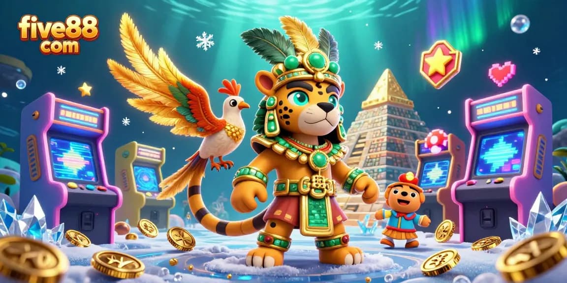 Engage with five88 com's vibrant Mayan-themed casino illustration, showcasing dynamic game elements and shimmering backgrounds.
