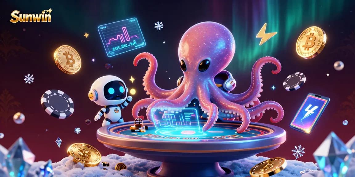 Engage with Sunwin in an electrifying 3D scene featuring an alien octopus at a poker table.