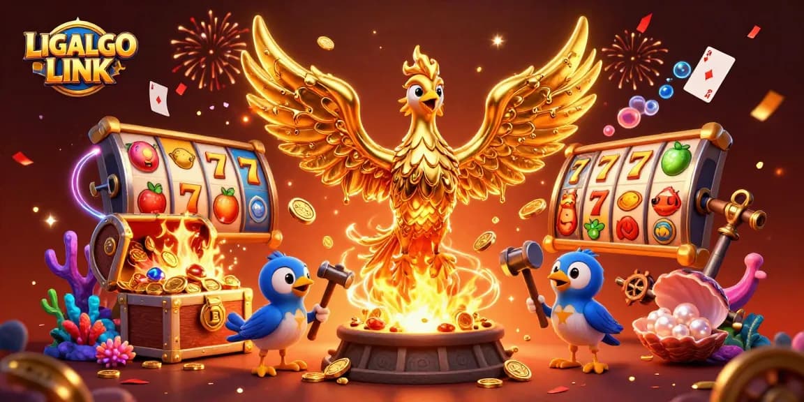 Experience thrilling gameplay with LIGALGO LINK, showcasing a vibrant scene of slots, gold coins, and magical effects.